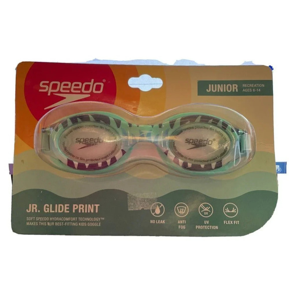 Speedo Swimming JR. Glide Print Green Blue Goggles Ages Junior 6-14 NEW Anti Fog - Picture 1 of 2